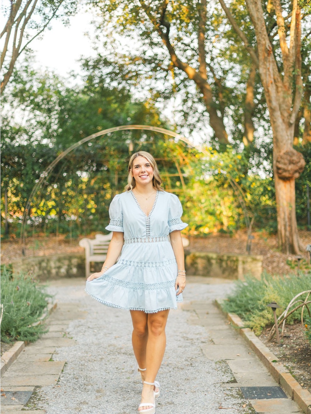 Light Blue Lace-Trim V-Neck Tiered Mini Dress - Picture 3 of 3